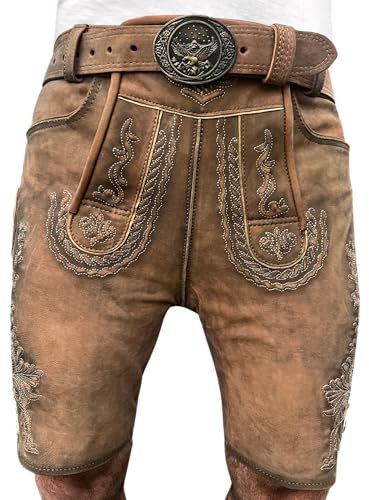 Lederhose Herren Oktoberfest Lederhose, traditionelle Wildbock Lederhose,Kurze Bayrische Trachtenhose mit Trachten Gürtel Gr 46-58 (DE/NL/SE/PL, Numerisch, 52, Regular, Kurz, Standard, Braun)
