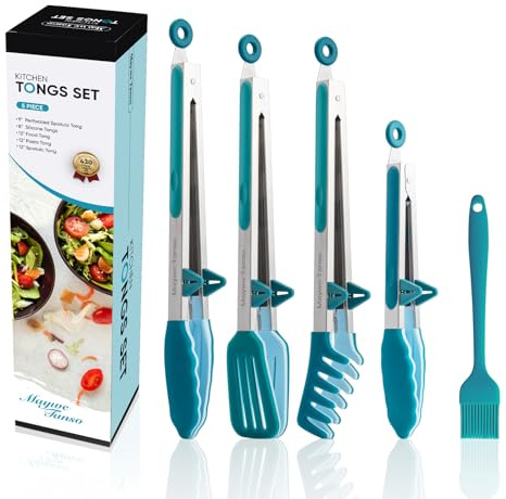 Edelstahl Küchenzange mit Silikonspitzen-5 Stück, 33 cm Kochzange,Antihaft | 315℃ Hitzebeständige Edelstahl Fleischzange, Grillzange für Steak Pie Pizza Pasta Spaghetti Salat Grillbuffet,Plus Bürste