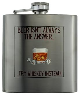 Full Colour Stainless Steel Whiskey Flask - Travel Accessories for Men and Fathers - Unique Ideas for Him - Tequila Flask - Reads 'Beer Isn't Always The Answer, Try Whiskey Instead' - Whiskey Lover