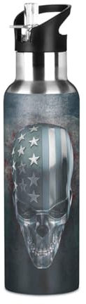 Borraccia da 963,9 g con cannuccia, teschio in metallo 3D con bandiera degli Stati Uniti, in acciaio inox, per viaggi e sport, bottiglia d'acqua isolata a tenuta stagna