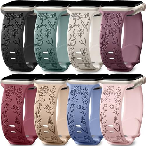 Easuny 8 Pack Bands for Women Compatible with Apple Watch 40mm 41mm 38mm 42mm 44mm 45mm 46mm 49mm iWatch Series 11 10 9 8 7 6 5 4 3 Ultra SE 3 SE 2nd, Soft Silicone Floral Engraved Dressy Wrist Straps