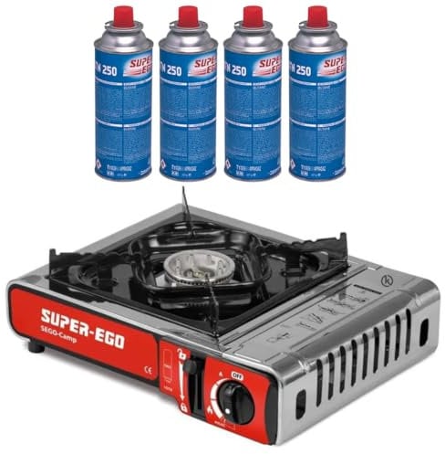 KROWN - Cocina Portátil SUPER EGO Sego Camp con 1 quemador y 2.2 kW, 4 Cartuchos de Gas Incluido, Cocina compacta y portátil, ideal para cocinar al aire libre.