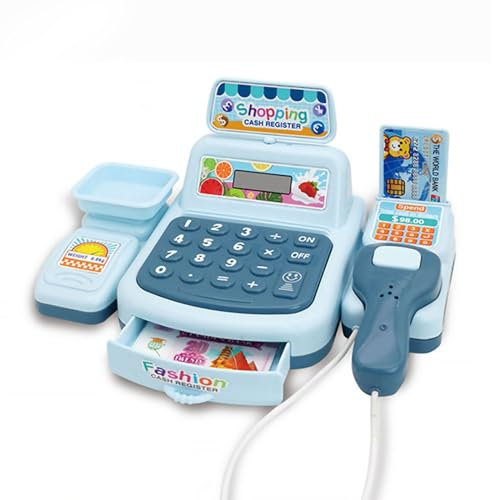 Caisse Enregistreuse de Jouet pour Enfants, avec Scanner, Calculatrice Réelle et Sons, Commerçant Marchande Jeux pour Filles Garçons Jeux de Rôle, Cadeau Anniversaire pour 3 Ans (Bleu)
