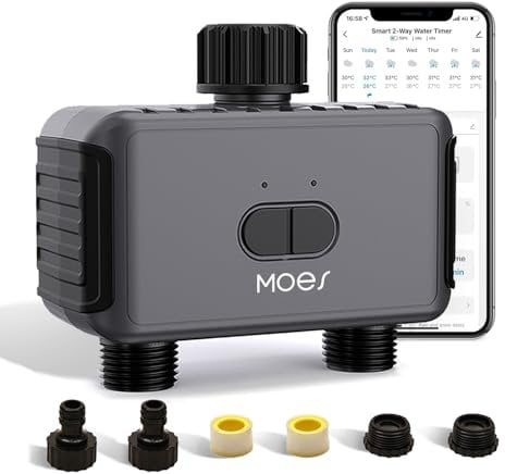 MOES Programador de Riego Inteligente 2 Salidas,Temporizador de Riego Automatico con Temporizador, Frecuencia y Duración,Retraso por Lluvia, Compatible con Alexa y Google Home(Requiere BLE-Hub)