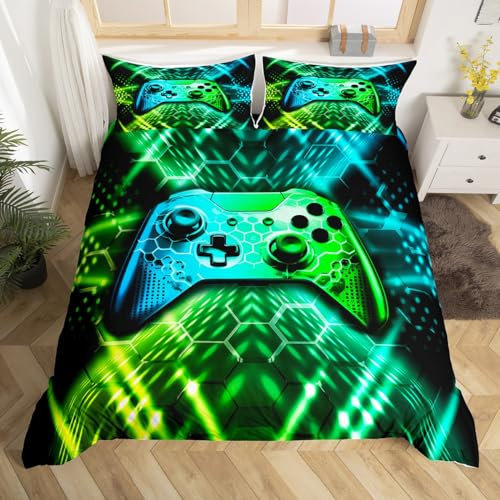 feelingyou Gamepad Bedding Sets for Boys,Reversible Gaming Duvet Cover Set Single Size,Video Games Comforter Cover,Bed Set for Kids Bedroom,Gamepad Controller,2 Pcs with 1 Pillow Case,Blue Green Neon