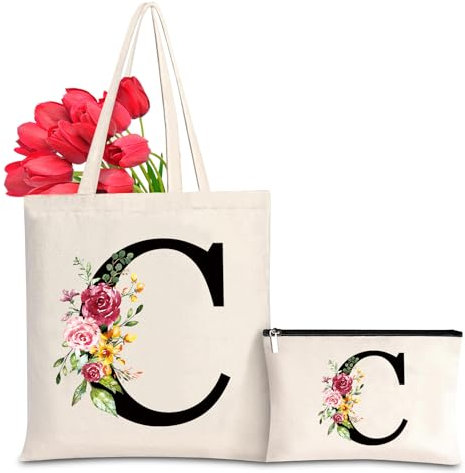 Letras Personalizadas Tote, Bolso Tote de Mujer con Inicial y Flores Bolsa de Compras con Bolsillo Interior, Alfabeto Bolso de Cosméticos Regalos para Damas Amigas Mamá Regalo de Cumpleaños Boda (C)