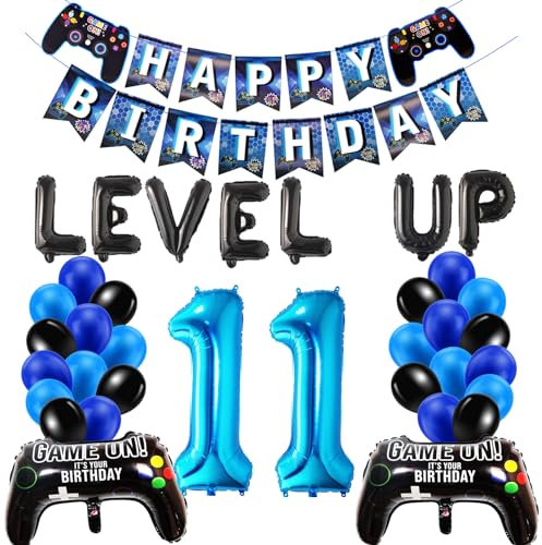HONZSAN 11th Birthday Decorations for Boys, Level Up 11 Video Game Theme Party Decor, Black Blue Latex Balloons Gaming Birthday Banner for Kids 11 Year Party Decoration