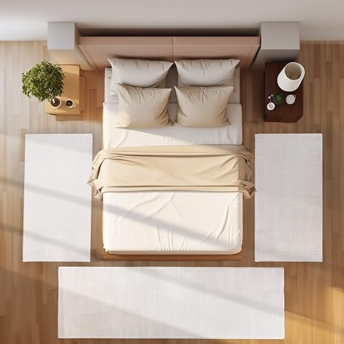 SIMPEX Bettvorleger Schlafzimmer Teppich Läufer Flur Bettumrandung Teppich Küchenläufer Kurzflor 3 Teiliger Set Boho Stil Modernes Design Soft Weich, Creme