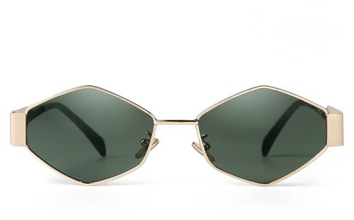 Laurinny Trendy Retro Sonnenbrille für Damen Herren Vintage Hexagonal Metallrahmen Polygon Sonnenbrillen Metall Brille(Gold/Grün)