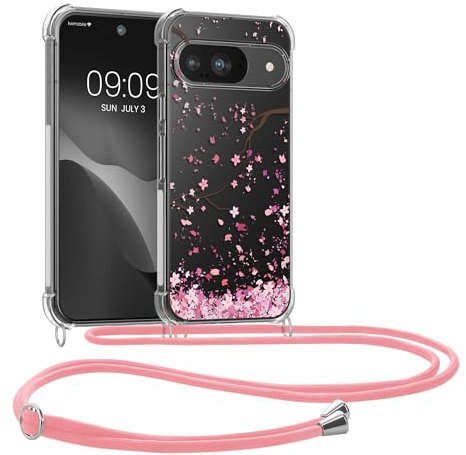 kwmobile Necklace Case kompatibel mit Google Pixel 9 / Pixel 9 Pro Hülle - Silikon Cover mit Handykette - Rosa Dunkelbraun Transparent Kirschblütenblätter