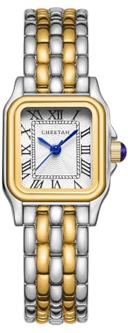 CHEETAH Armbanduhr Damen Kleine Analoge Quarz Uhr Damen mit Vintage-Armband, Rechteckiges Gehäuse, Römisches Zifferblatt, Digitale wasserdichte Armbanduhr für Frauen und Mädchen - Silber Gold Weiß