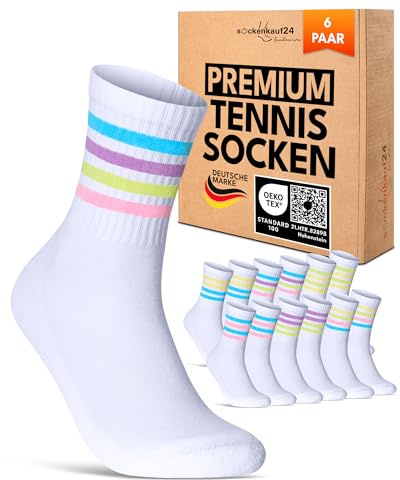 sockenkauf24 Damen Tennissocken (6 Paar) Sportsocken mit verstärkter Ferse & Fußspitze, gepolsterte Sohle Baumwolle Atmungsaktive Retro Crew Socken