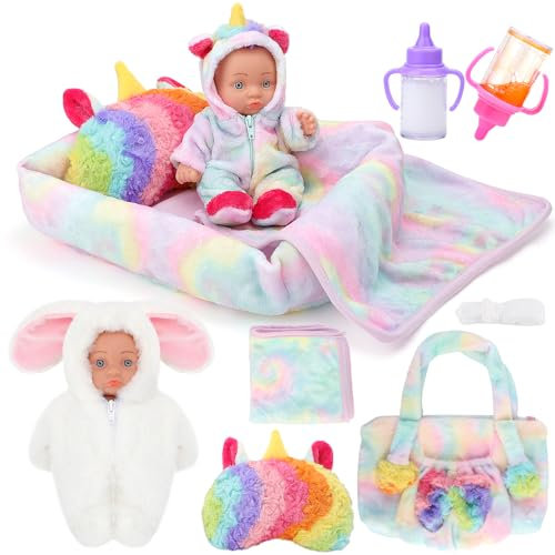 deAO 8” Baby Doll Playset with Portable Bassinet Bed, Handbag, Bunnypack & Accessories, Doll Accessories Toys for Girls Includes Feeding Bottles, Clothes & Care Set for 3+ Years Kids Boys Girls