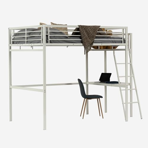 MEUBLE COSY Hochbett 140x190cm Bettrahmen Etagenbett mit Lattenroste und Schreibtisch aus Glas und Metall, Industriell, für Erwachsene und Kinder, Weiß