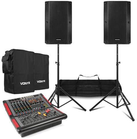 VONYX VSA12P 12 Passive PA System with PDM-S804A Powered PA Mixer, Bluetooth, 8-Channel, 2 Speakers, Tripod Stands & Speaker Covers – Band pa system Ideal for Bands, DJs & Live Events