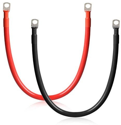 SWAWIS 2 Piezas Cable Bateria Coche M8 50cm Cable 25mm² Cable de Batería 12V/24V con Terminales de Anillo para Solar Moto Cable de Batería de Coche a Tierra, Negro + Rojo