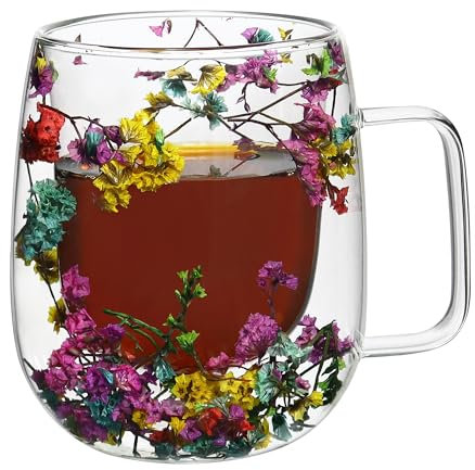 ZaoKing Taza de vidrio de doble pared con asa de flores secas, taza de capuchino de 350 ml, taza de chocolate caliente, tazas de café de vidrio con leche, regalos de cumpleaños para mujeres, amigas