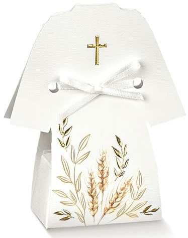 12872 Lot de 20 boîtes à dragées en forme de tunique blanche pour communion avec carte imprimée offerte