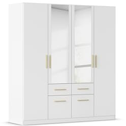 Rauch Möbel Glasgow Drehtürenschrank, Kleiderschrank, Schrank, Garderobe 4-türig, 2 Spiegeltüren, 4 Schubladen, Farbe Weiß, Griffprofil Eiche Massiv, 181x197x54cm