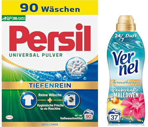 PERSIL Universal Pulver Tiefenrein Waschmittel (90 WL) - reine Wäsche und hygienische Frische - effektiv von 20 bis 95°C & VERNEL Aromatherapie Zauberhafte Malediven Weichspüler (37 WL)