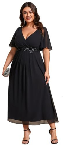 Ever-Pretty Plus Size Women's Breathable Wedding Guest Dress Short Cap Sleeves with Delicate Applique Elegant Mother of The Bride Outfits Black 20UK