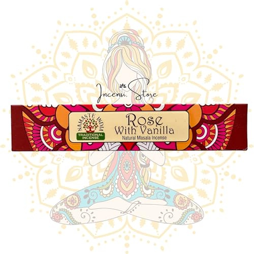 Encens Indien ayurvédique – Rose & Vanille – Naturel, Relaxant & Floral – pour Yoga, Méditation, Bien-être – sans Produits Chimiques – 15g