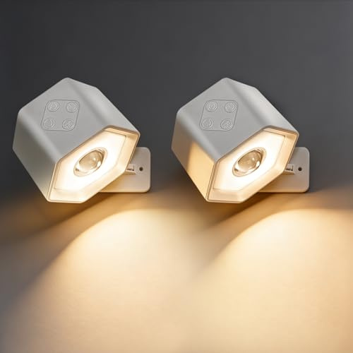 KETIEE LED Wandleuchte Innen 2 Stück, 7 RGB Akku Wandlampe Ohne Stromanschluss 360° Drehbarem, Kabellos Wandlicht Leselampe 3 Dimmer, Touch + Fernbedienung Für Wohnzimmer, Schlafzimmer Flur - Weiß