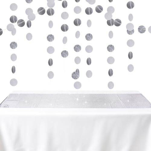 Irisierende Geburtstag Deko, 2 Stück 26 Ft Girlande Papier Irisierende und 30x275cm Disco Party Tischläufer Schillernd Circle Banner für Geburtstag Tanzparty Disco Party Deko (Silber)