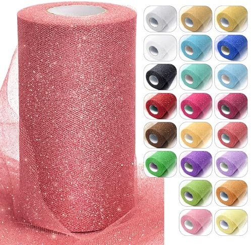 Rose Gold Glitter Tulle Fabric Rolls, 6 Inch x 50 Yards Sparkling Spool Ribbon Sequin Netting for DIY Tutu Skirt Wedding Decoration Baby Shower Birthday Party Backdrop Gift Wrapping Bow Craft Supplies