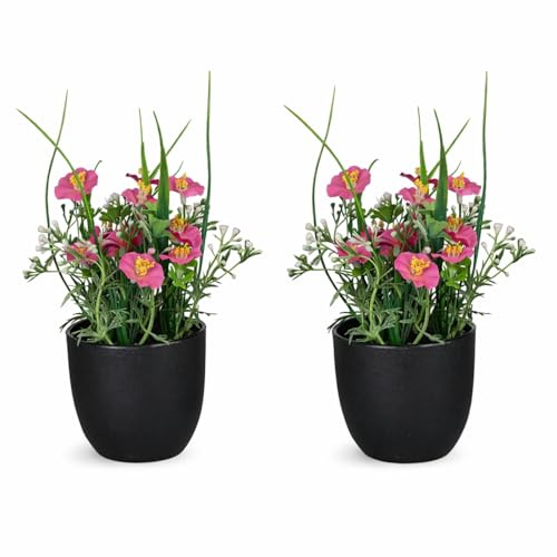 CREATIV green Künstliche Petunien im Topf 20 cm im 2er Set, Pinke Kunstblumen im Topf, realistische Dekopflanzen, pflegefreie Osterdeko