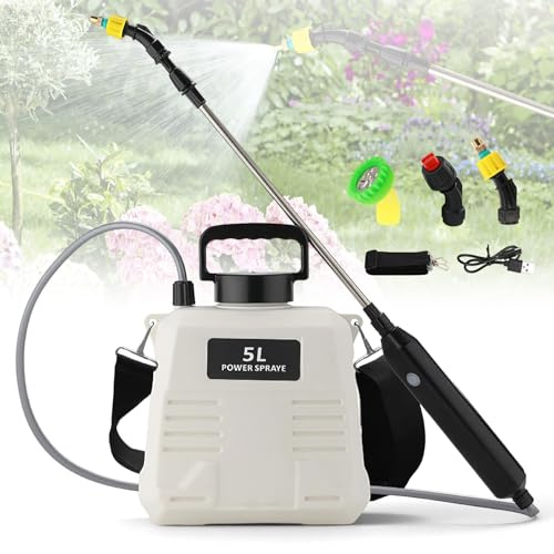 Polverizzatore elettrico ricaricabile 5L, 2400 mAh, spruzzatore con retrattile, spruzzatore a pressione con 3 ugelli regolabili e serbatoio d'acqua da 5 litri, per irrigazione e diserbo (bianco)