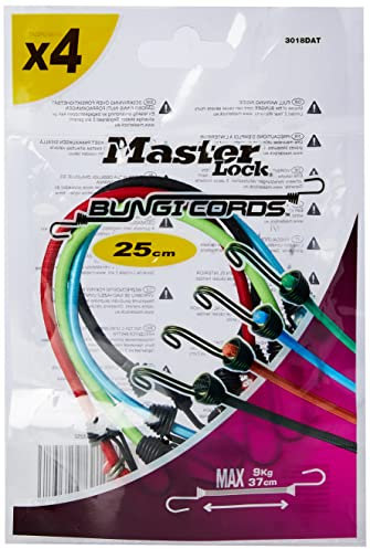 Master Lock Gummi-Spannseile mit Haken,Set mit 4 Spannseilen, 25 cm langes Spannseil, Doppelter Invershaken, Zufällige Farbe, 3018EURDAT