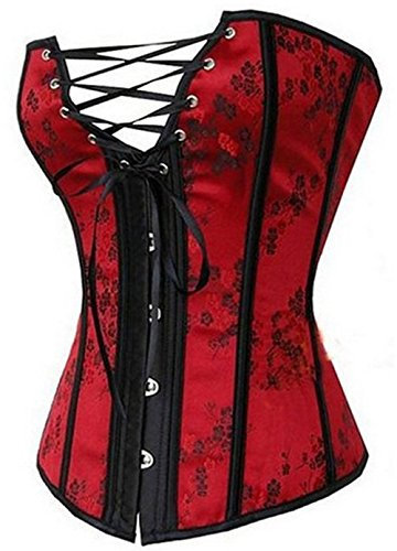 Womens Waist Cincher Lace up Boned Basque Corset Shapewear, Red, 6-8