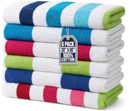 Ben Kaufman Terry Cabana Striped Towels - Oversized Towel for Beach & Pool - Soft Cotton Towels with Absorbent Design - Striped Beach & Pool Towels for Adults & Kids - 6 Pack