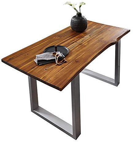 SAM Esszimmertisch 200x100 cm Esra, Cognac, Massiver Esstisch aus Akazienholz, Metallbeine Silber, Baumkantentisch …