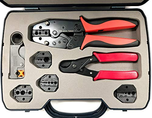 Robustes Schnellwechsel-Ratschen-Crimpwerkzeug-Set für Koaxialkabel mit Crimpschneider, Abisolierzange und 4 Schneideisen-Sets