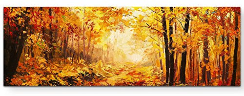 Eau Zone Wandbild auf Leinwand 150x50cm Wald im Herbst – Ölgemälde