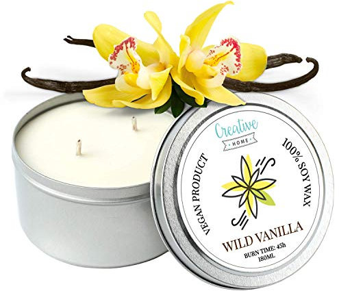 Creative Home Wilder Vanille Sojawachs Duftkerze | 45 Stunden Brenndauer | 100% Vegan in Dose | 180 ml Bio Aromatische Kerzen | Geschenke Duftkerzen | Entspannungs Deko oder Candle Geschenk