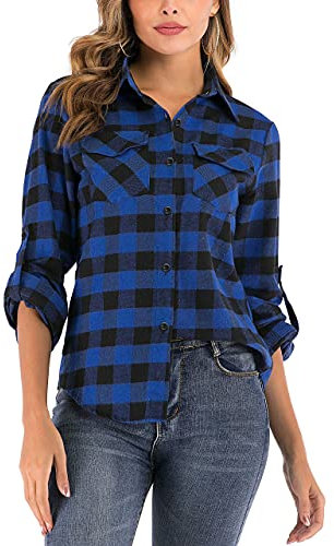 Enjoyoself Damen Karrierte Bluse Langarm Karo Flanell Hemden Baumwolle Button-down Hemdbluse für Alltag und Oktoberfest,Blau-Schwarz,M