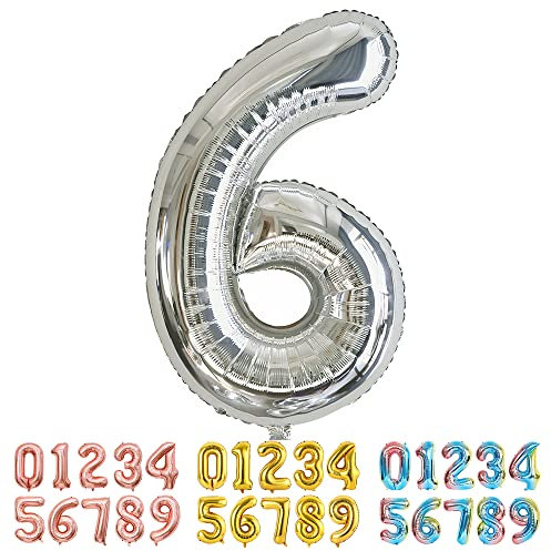 Ponmoo Luftballon Zahl 6 Silber, Riesen Nummer 0 1 2 3 4 5 6 7 8 9 10-19 20-29 30-39 40 50 60 70 80 90 100, groß Folienballons für Hochzeit Jubiläum, Geburtstagsballons Party Dekoration