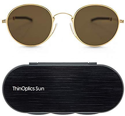 ThinOptics Piloten-Sonnenbrille – Verspiegelte polarisierte braune Gläser mit Goldrahmen Unisex Sonnenbrille mit Aluminiumetui