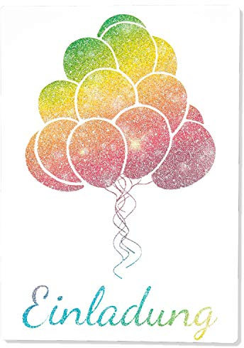 15 x Einladungskarten Kindergeburtstag Ballon Glitzer - Größe A6 - Coole Einladung zum Geburtstag für Mädchen und Jungen - Witzige Kinder Einladungskarte - Luftballon