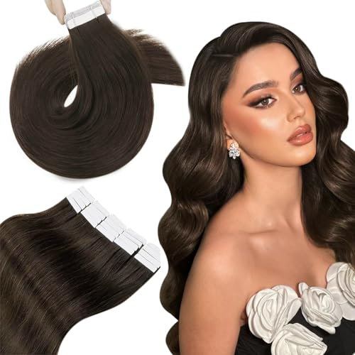 Echthaar Extensions Tape Braun 55CM Haarverlängerung Tape Echthaar Unsichtbar Glatt Extensions Tapes Remy Dunkelbraun Seidig Haar #2 50g