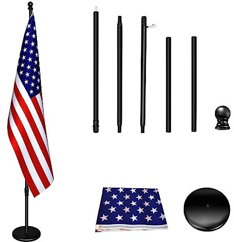Flaggenmast für den Innenbereich, Teleskop-Fahnenmast mit Sockel, 1,8 m - 2,4 m, Fahnenmast um 360 Grad drehbar, 90 x 150 cm, amerikanische Flagge, geeignet für Büro, Auditorium, Schule, Gebrauch