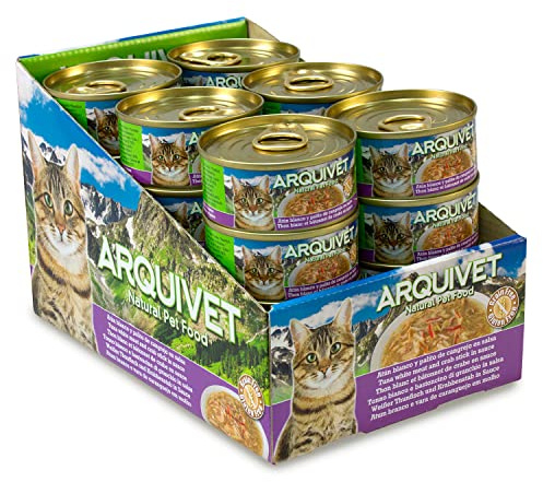 ARQUIVET - Latas súper Premium de atún Blanco con palito de Cangrejo en Salsa para Gatos - Comida Gourmet elaborada con Ingredientes 100% Naturales - Pack 24 Unidades - 80 gr por Unidad