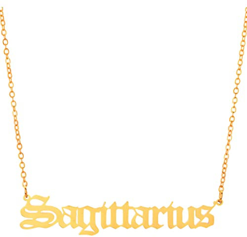 Retro Old English Gold Star Sign Pendant Chain Letter Necklace - Sagittarius (23rd November - 21st December) - Zodiac Horoscope Celestial Astrology Jewellery - Women Men Gift