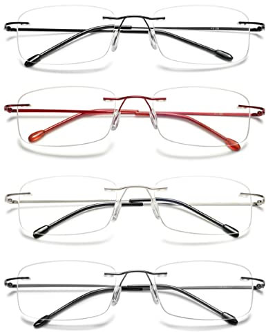 VEVESMUNDO Lesebrille Randlos Blaulichtfilter Titan Leicht Flexibel Modern Rahmenlos Lesehilfe Sehhilfe (4 Stück Set(Schwarz+Rot+Grau+Silber), 1.5)