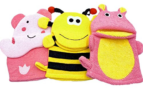 3Pcs Baby Waschhandschuh mit kleinem Schwamm - süße Tierdesigns Kinder Waschlappen Handschuh, Kinderbadehandschuh zur Reinigung der Haut (Elefant, Nilpferd, Biene)