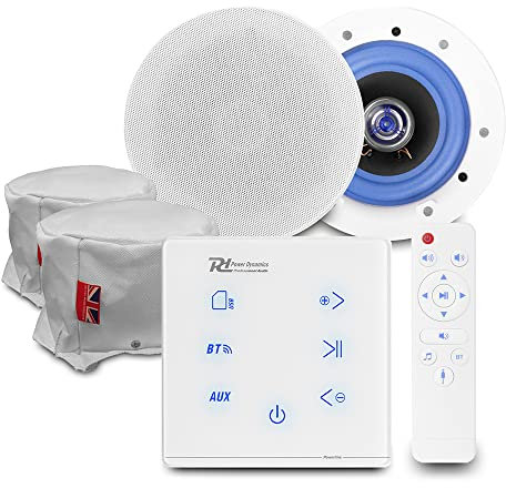 Power Dynamics Bluetooth Ceiling Speaker System - PD A50W In-Wall Amplifier, 2x ESCS5 Speakers & Fire Hoods, Home Audio Installation Kit for TV, Music Streaming & MP3 Playback, White Finish