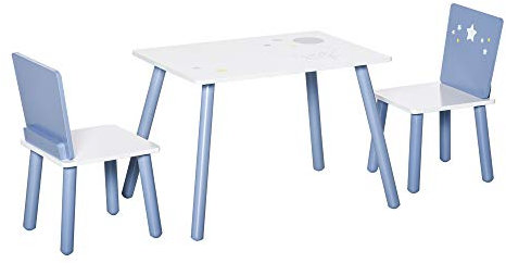 HOMCOM 3-TLG. Kindersitzgruppe mit Kindertisch Kindermöbel aus Holz Kinderstuhl Sitzgruppe Kinder für Kleinkind Mädchen Junge Blau+Weiß 60 x 40 x 43 cm
